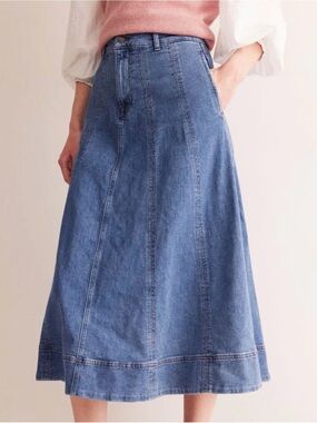 Boden Panelled Denim Midi Skirt Women’s US 10 Blue A-Line High Waist Classic